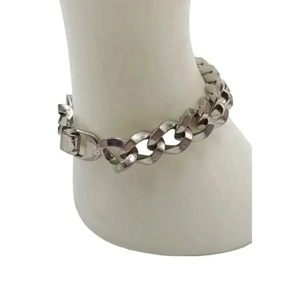 Sperry Curb Chain Bangle Bracelet Fold Over Clasp Silver Tone Vintage